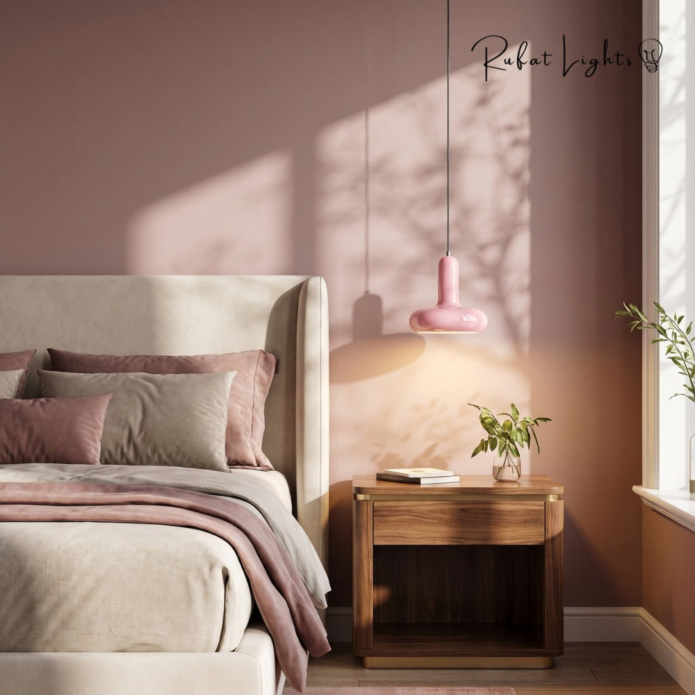 Scandinavian Macaron Pendant Lamp Cherry Blossom Pink beside a bed