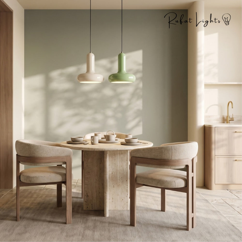 Scandinavian Macaron Pendant Lamp Cream White and Mint Green over a round table