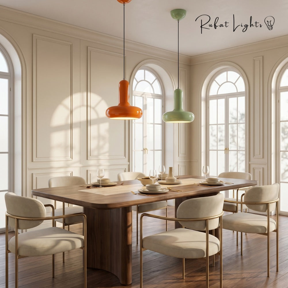 Scandinavian Macaron Pendant Lamp Vitality Orange and Mint Green over a dining table