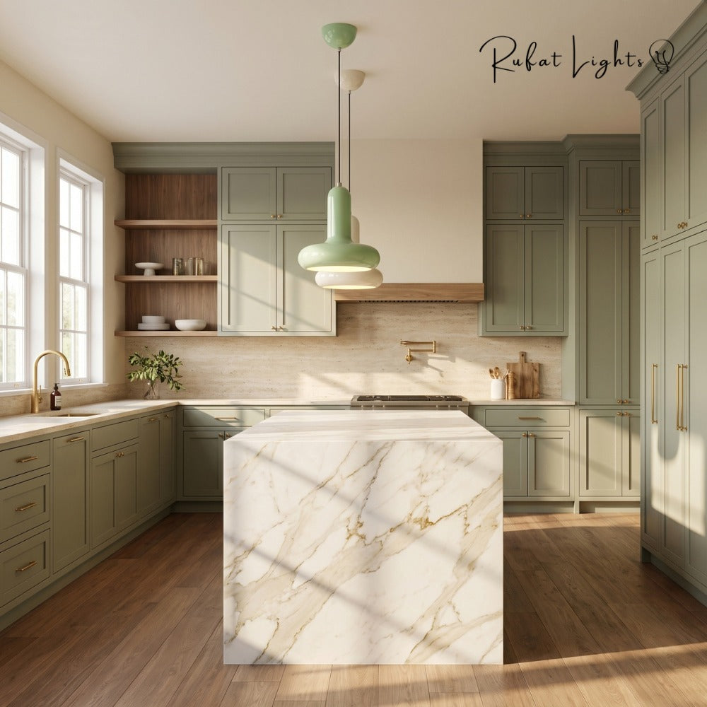 Scandinavian Macaron Pendant Lamp Mint Green over a kitchen island