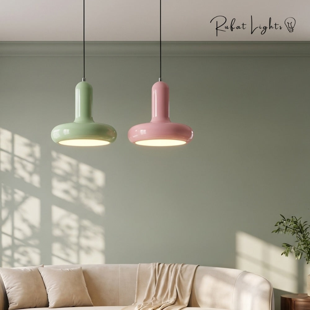 Scandinavian Macaron Pendant Lamp Mint Green and Cherry Blossom Pink over a sofa