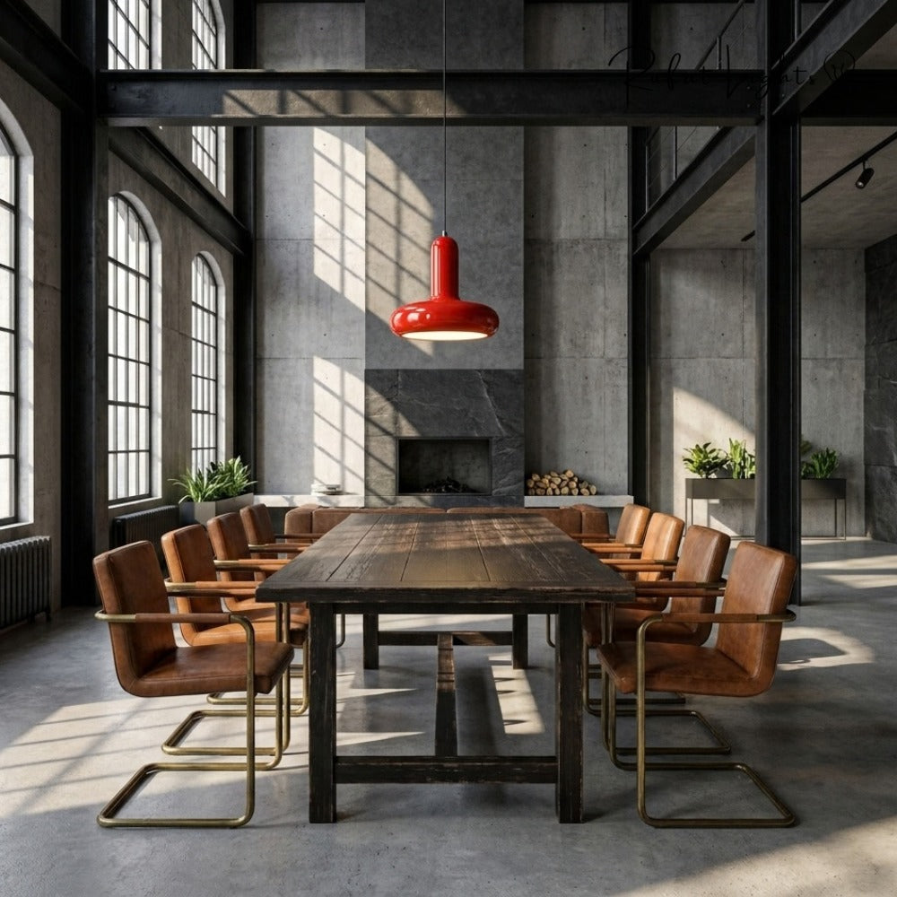 Scandinavian Macaron Pendant Lamp Chinese Red over a loft dining table