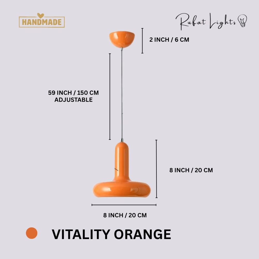 Scandinavian Macaron Pendant Lamp Vitality Orange dimensions: 8 in (20 cm) wide, 8 in (20 cm) high, 2 in (6 cm) canopy, 59 in (150 cm) adjustable hanging length