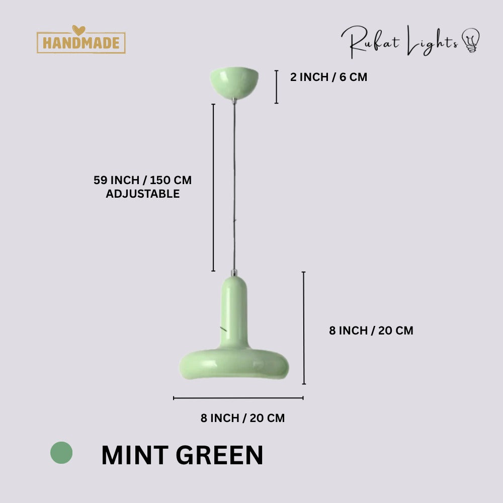 Scandinavian Macaron Pendant Lamp Mint Green dimensions: 8 in (20 cm) wide, 8 in (20 cm) high, 2 in (6 cm) canopy, 59 in (150 cm) adjustable hanging length