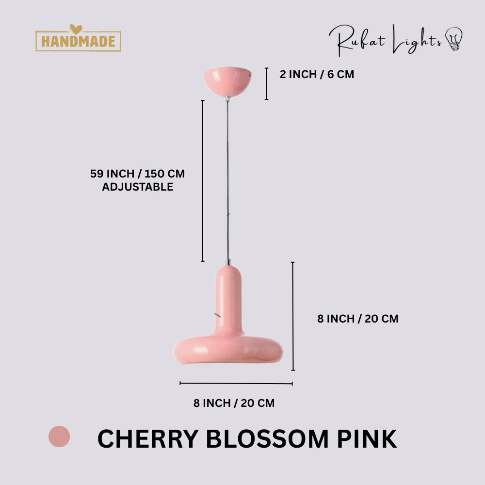 Scandinavian Macaron Pendant Lamp Cherry Blossom Pink dimensions: 8 in (20 cm) wide, 8 in (20 cm) high, 2 in (6 cm) canopy, 59 in (150 cm) adjustable hanging length