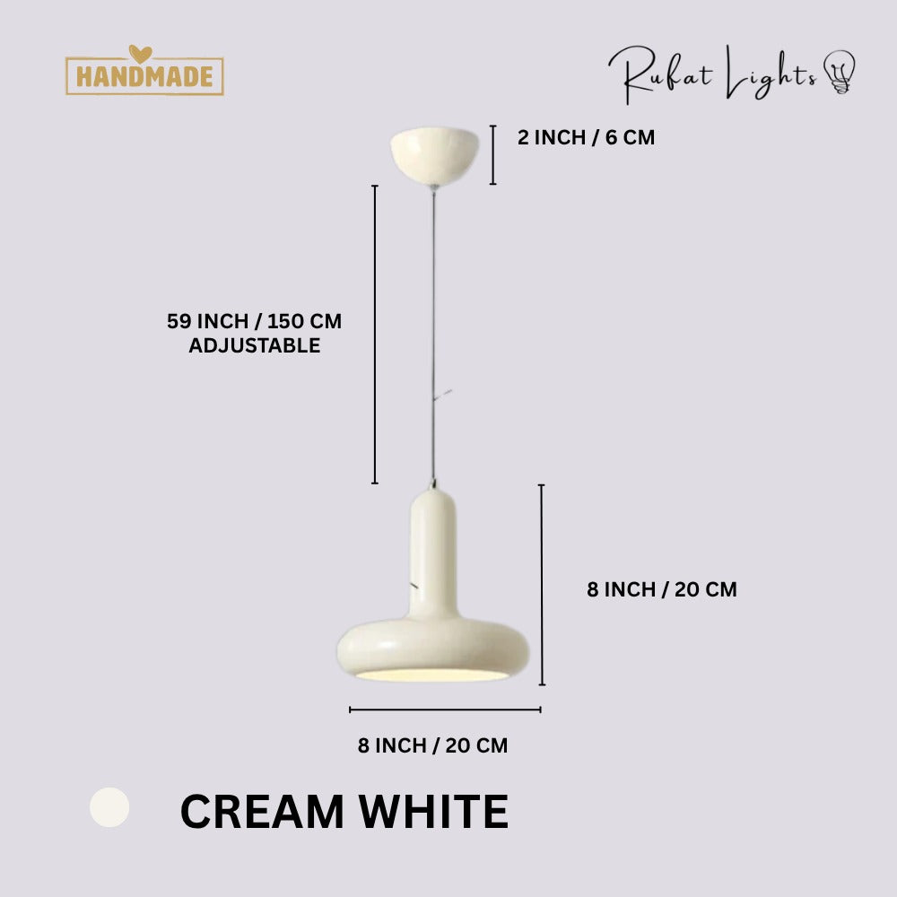 Scandinavian Macaron Pendant Lamp Cream White dimensions: 8 in (20 cm) wide, 8 in (20 cm) high, 2 in (6 cm) canopy, 59 in (150 cm) adjustable hanging length