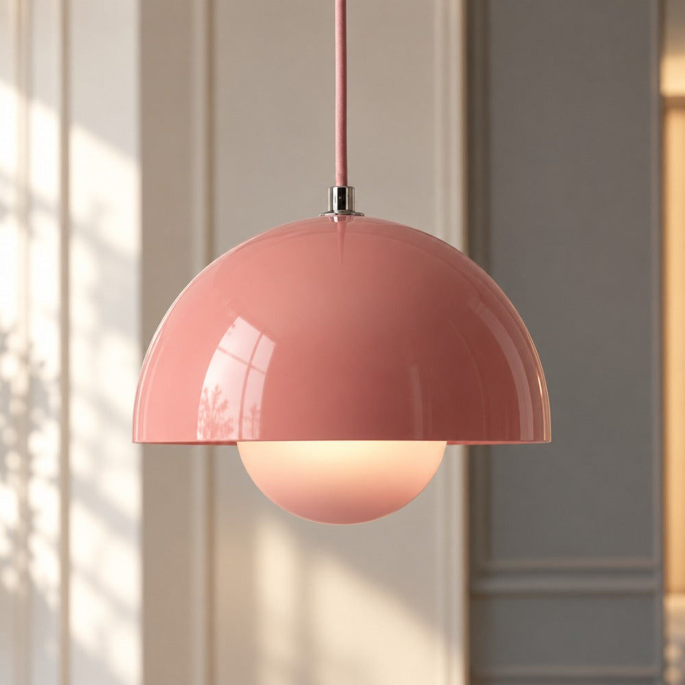 Semicircular Color Metal Pendant Light pink shade close-up