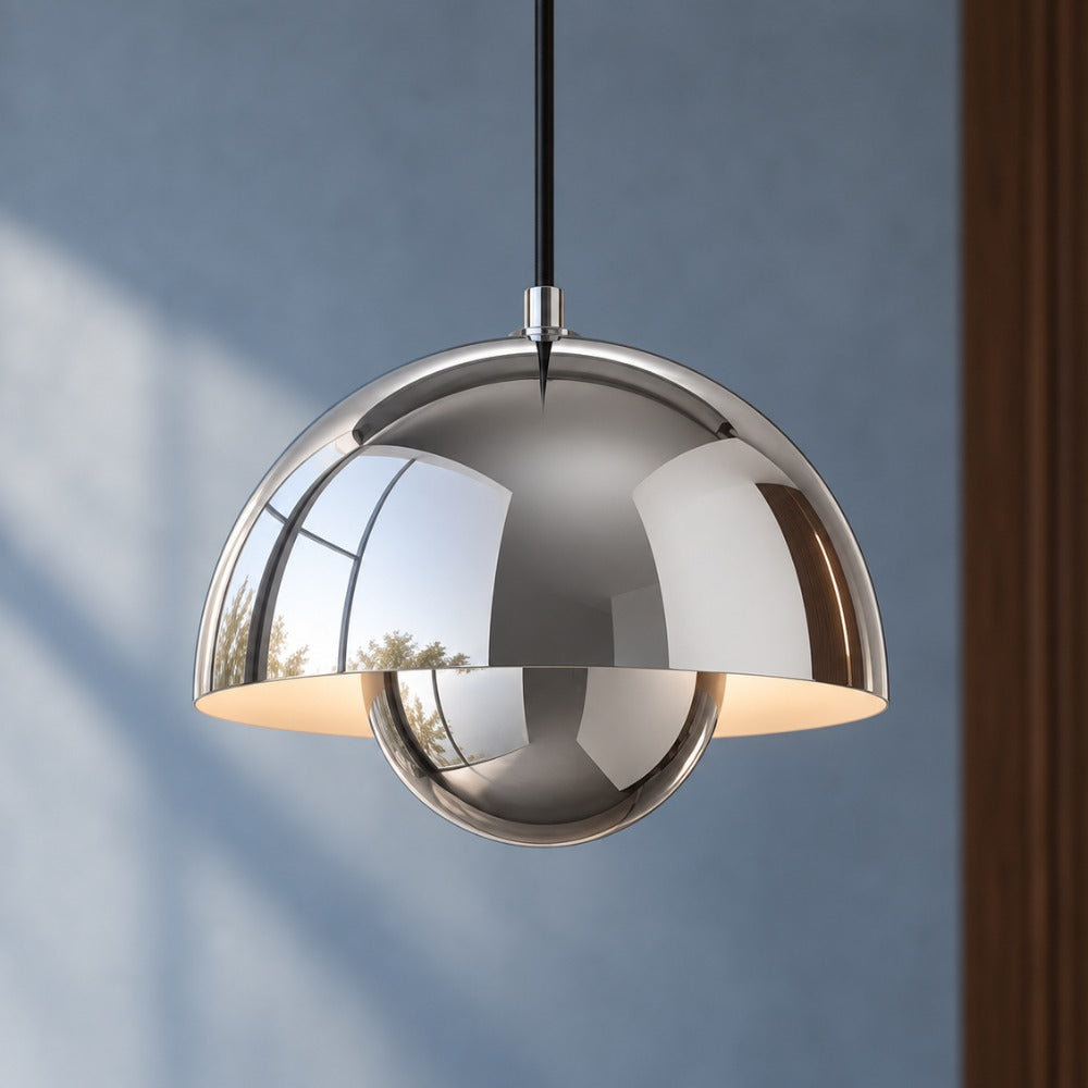 Semicircular Color Metal Pendant Light silver mirror shade against a blue wall
