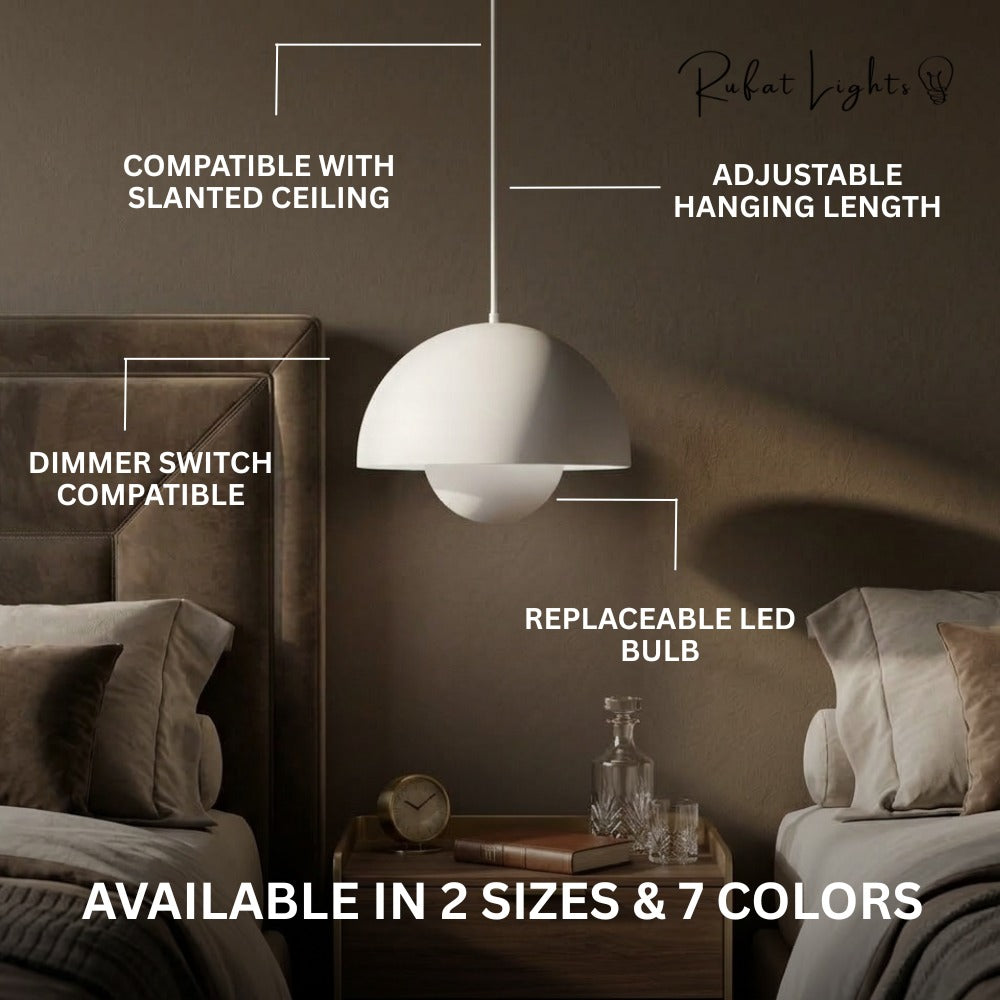 Semicircular Color Metal Pendant Light features: compatible with slanted ceiling, adjustable hanging length, dimmer switch compatible, replaceable LED bulb, available in 2 sizes and 7 colors