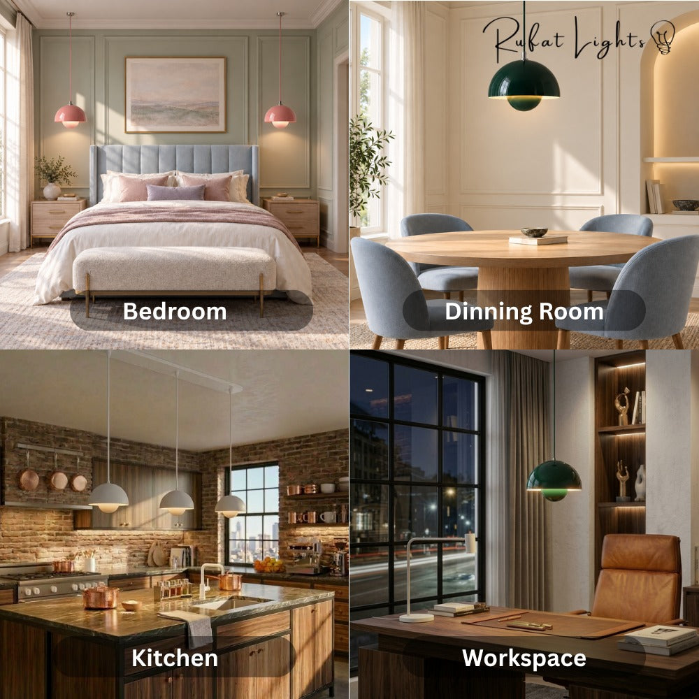 Semicircular Color Metal Pendant Light shown in a bedroom, dining room, kitchen and workspace