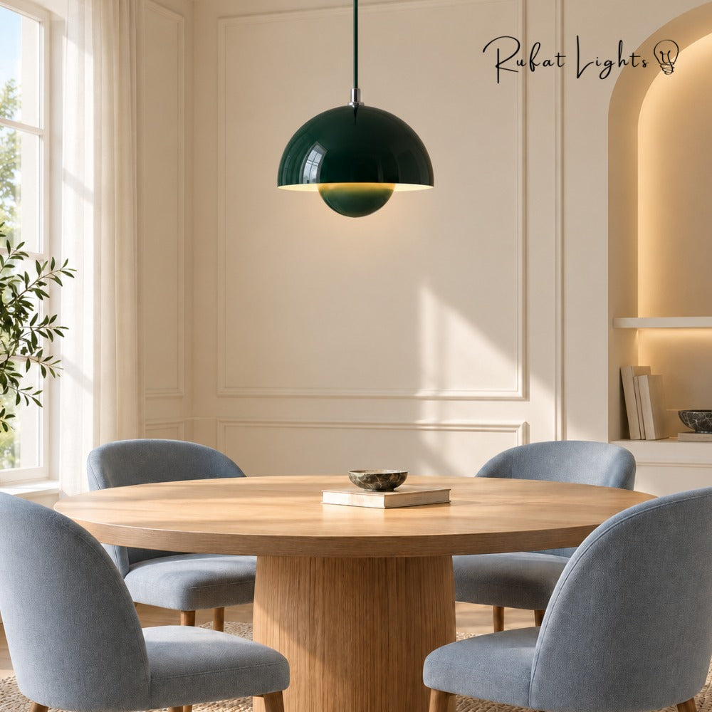 Semicircular Color Metal Pendant Light green above a dining table