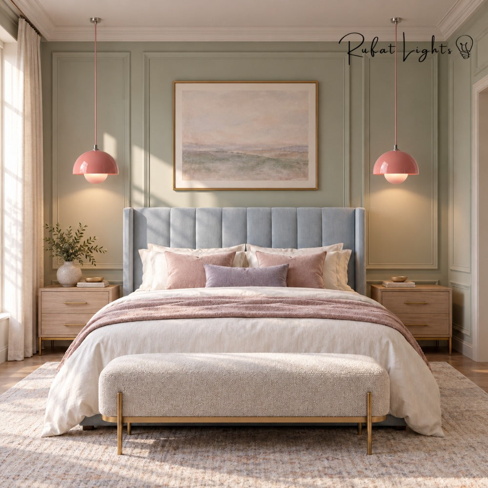 Semicircular Color Metal Pendant Light pink pair beside a bed