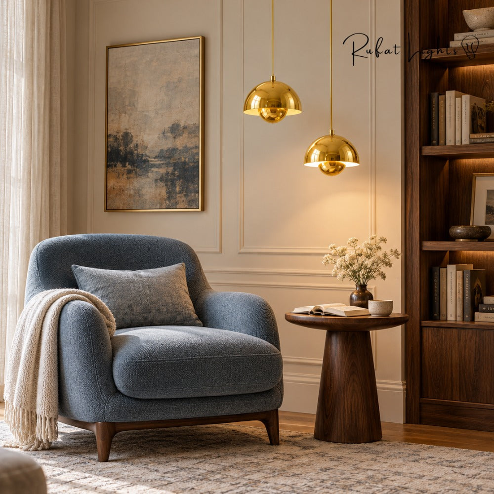 Semicircular Color Metal Pendant Light gold pair above a reading chair