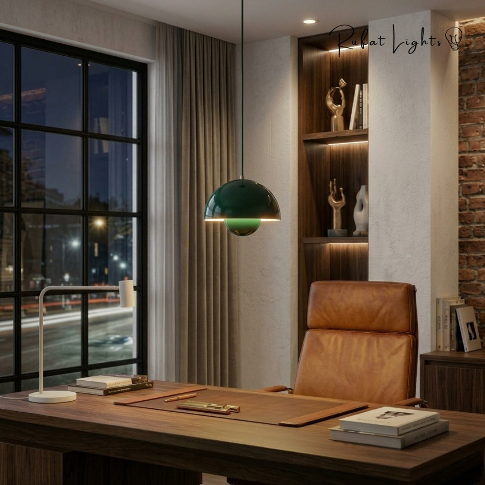 Semicircular Color Metal Pendant Light green above a home office desk