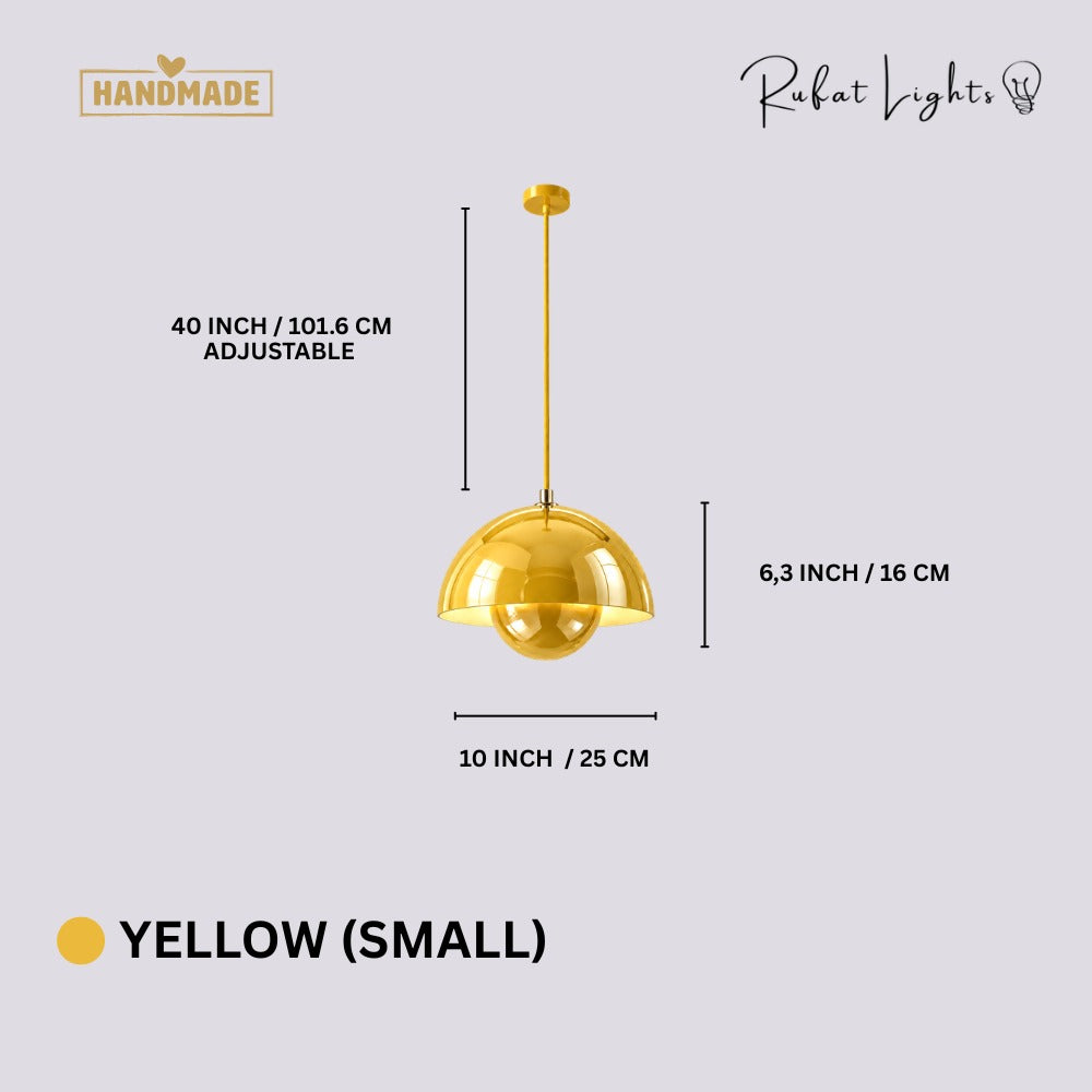 Semicircular Color Metal Pendant Light Yellow Small dimensions: 10 in (25 cm) wide, 6.3 in (16 cm) high, 40 in (101.6 cm) adjustable cord