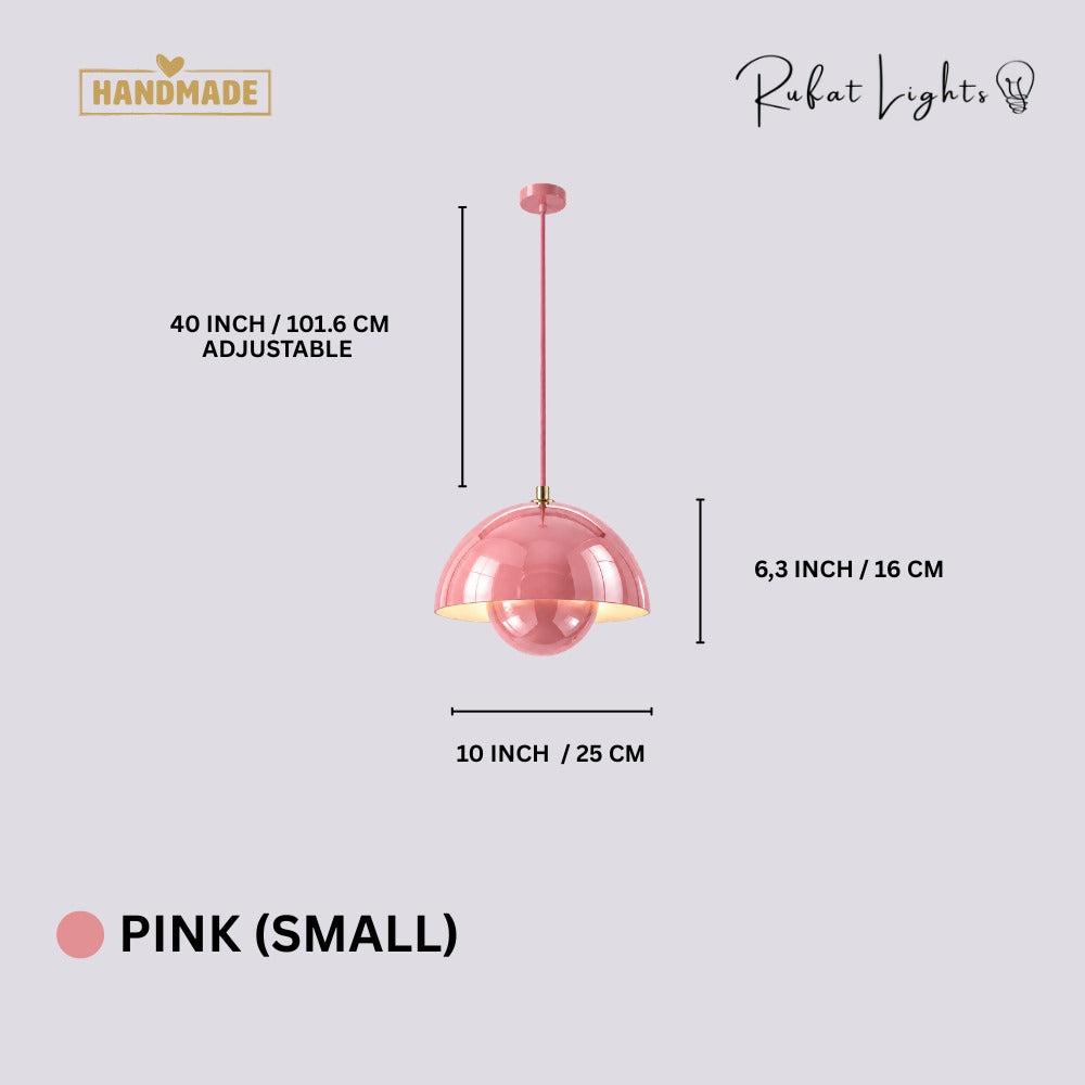 Semicircular Color Metal Pendant Light Pink Small dimensions: 10 in (25 cm) wide, 6.3 in (16 cm) high, 40 in (101.6 cm) adjustable cord