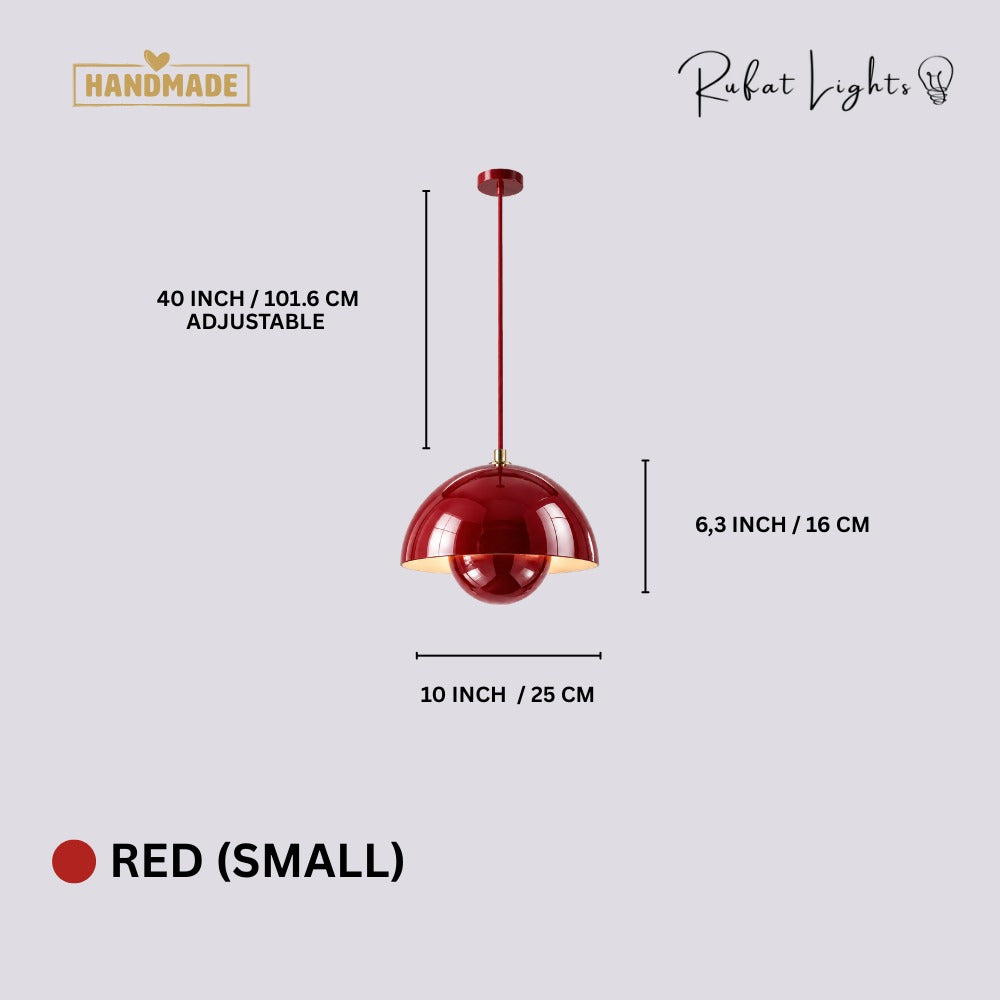 Semicircular Color Metal Pendant Light Red Small dimensions: 10 in (25 cm) wide, 6.3 in (16 cm) high, 40 in (101.6 cm) adjustable cord