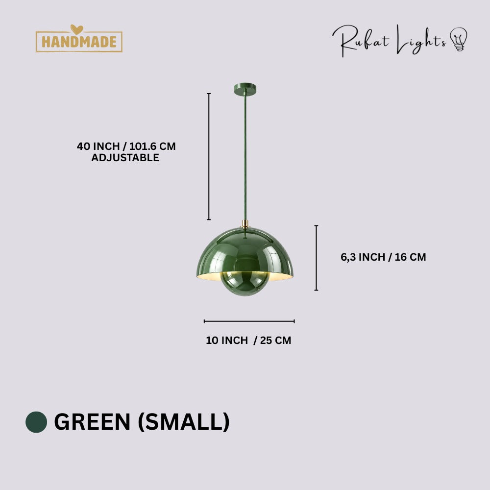 Semicircular Color Metal Pendant Light Green Small dimensions: 10 in (25 cm) wide, 6.3 in (16 cm) high, 40 in (101.6 cm) adjustable cord