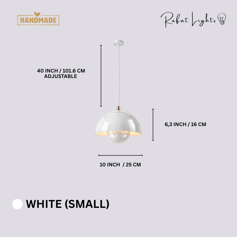 Semicircular Color Metal Pendant Light White Small dimensions: 10 in (25 cm) wide, 6.3 in (16 cm) high, 40 in (101.6 cm) adjustable cord