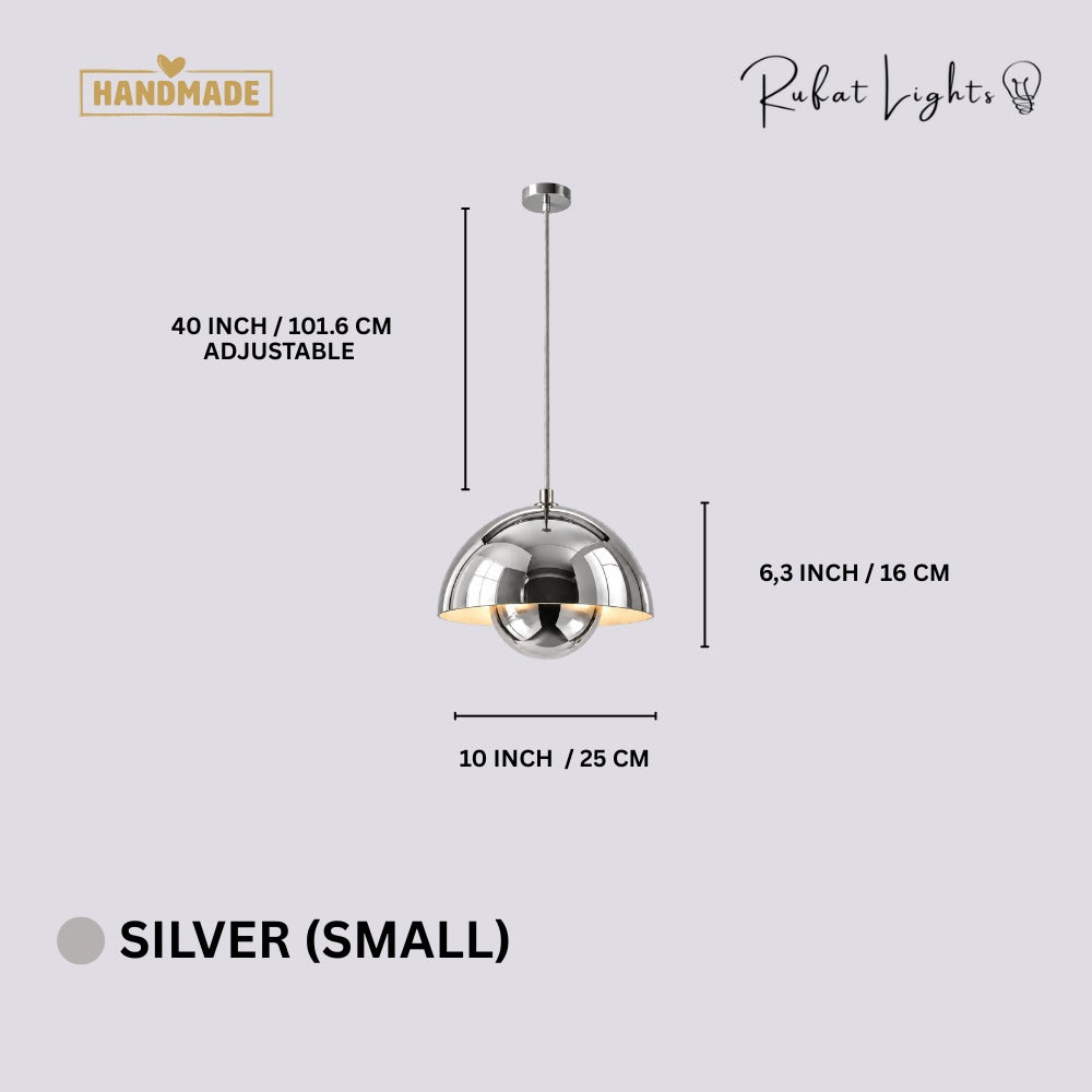 Semicircular Color Metal Pendant Light Silver Small dimensions: 10 in (25 cm) wide, 6.3 in (16 cm) high, 40 in (101.6 cm) adjustable cord
