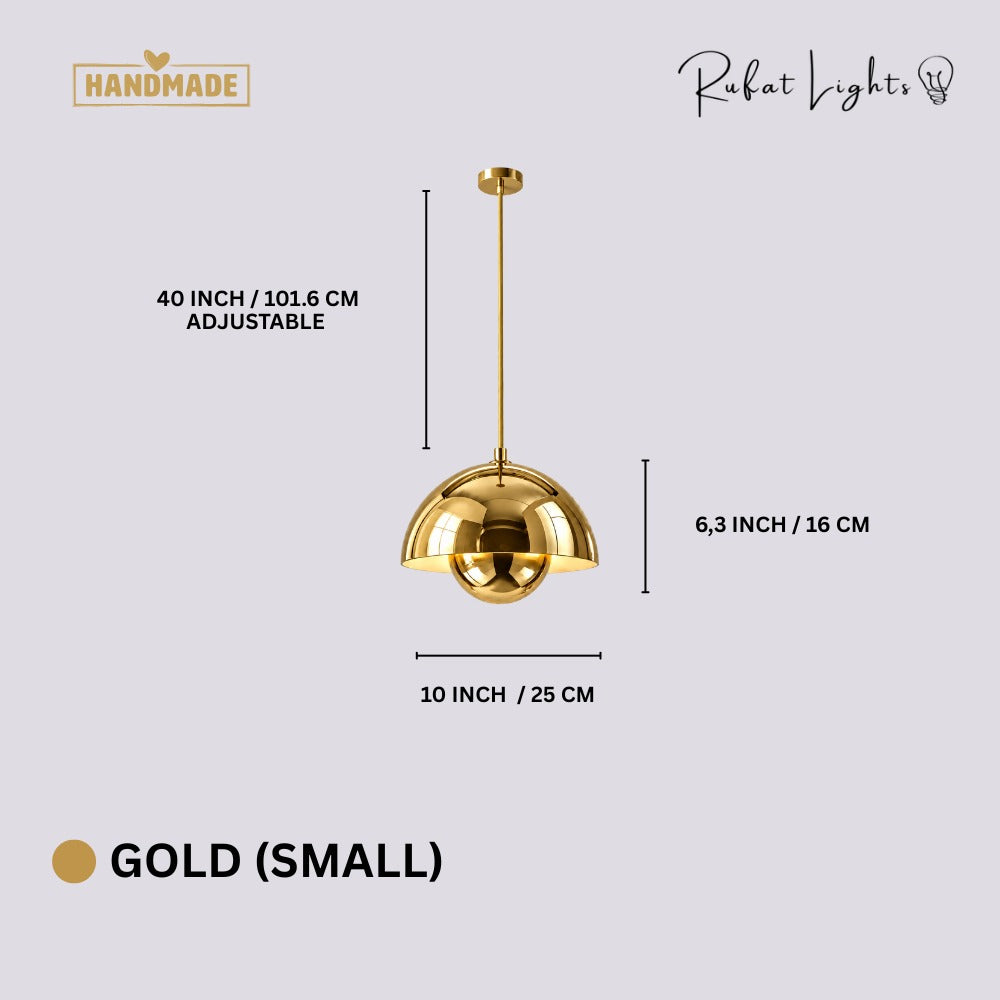 Semicircular Color Metal Pendant Light Gold Small dimensions: 10 in (25 cm) wide, 6.3 in (16 cm) high, 40 in (101.6 cm) adjustable cord