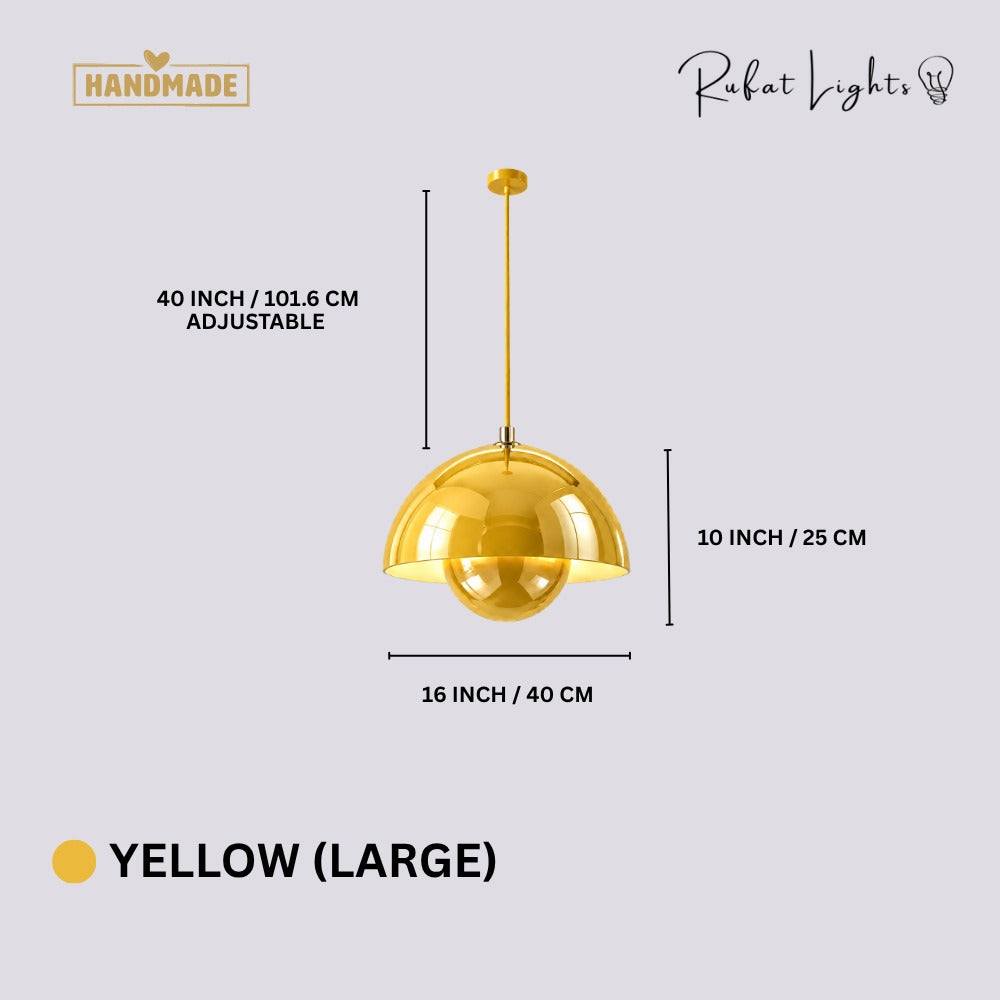 Semicircular Color Metal Pendant Light Yellow Large dimensions: 16 in (40 cm) wide, 10 in (25 cm) high, 40 in (101.6 cm) adjustable cord
