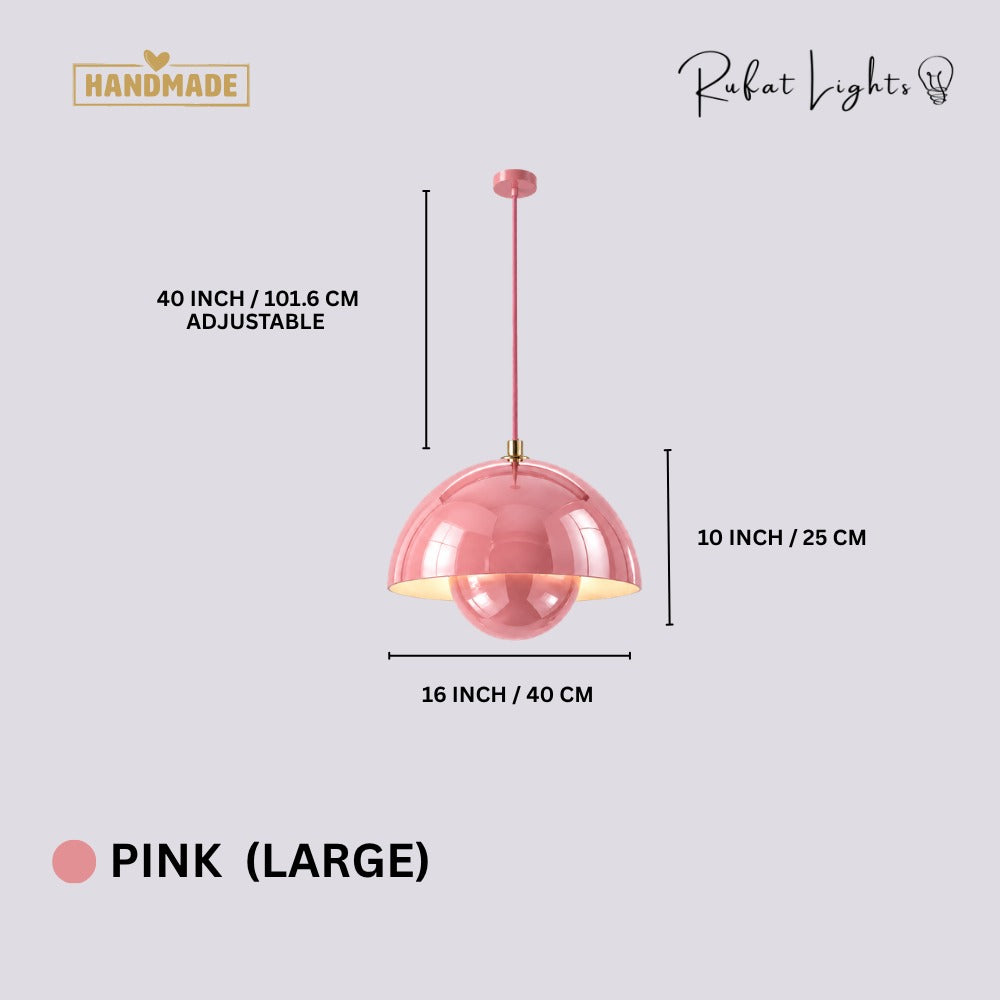 Semicircular Color Metal Pendant Light Pink Large dimensions: 16 in (40 cm) wide, 10 in (25 cm) high, 40 in (101.6 cm) adjustable cord