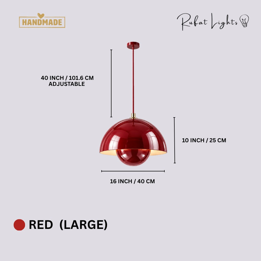 Semicircular Color Metal Pendant Light Red Large dimensions: 16 in (40 cm) wide, 10 in (25 cm) high, 40 in (101.6 cm) adjustable cord