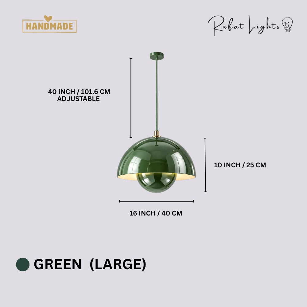 Semicircular Color Metal Pendant Light Green Large dimensions: 16 in (40 cm) wide, 10 in (25 cm) high, 40 in (101.6 cm) adjustable cord