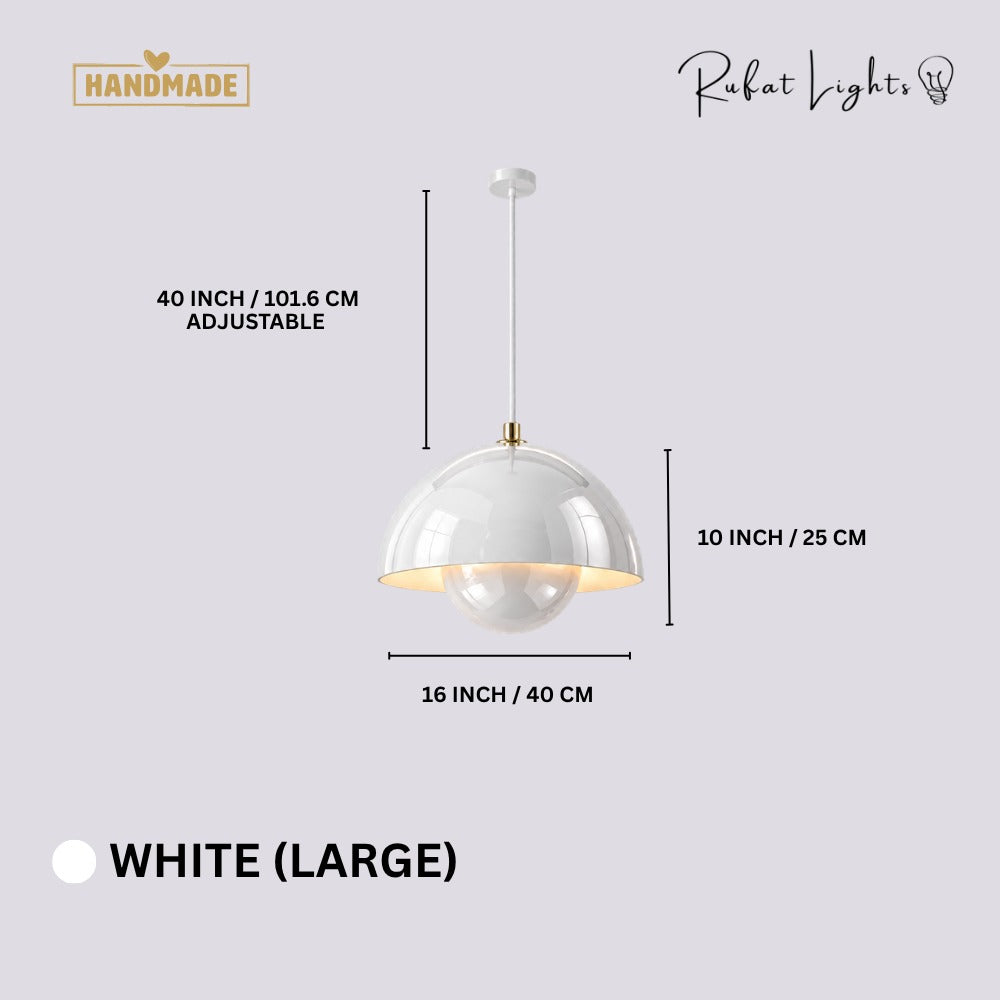 Semicircular Color Metal Pendant Light White Large dimensions: 16 in (40 cm) wide, 10 in (25 cm) high, 40 in (101.6 cm) adjustable cord