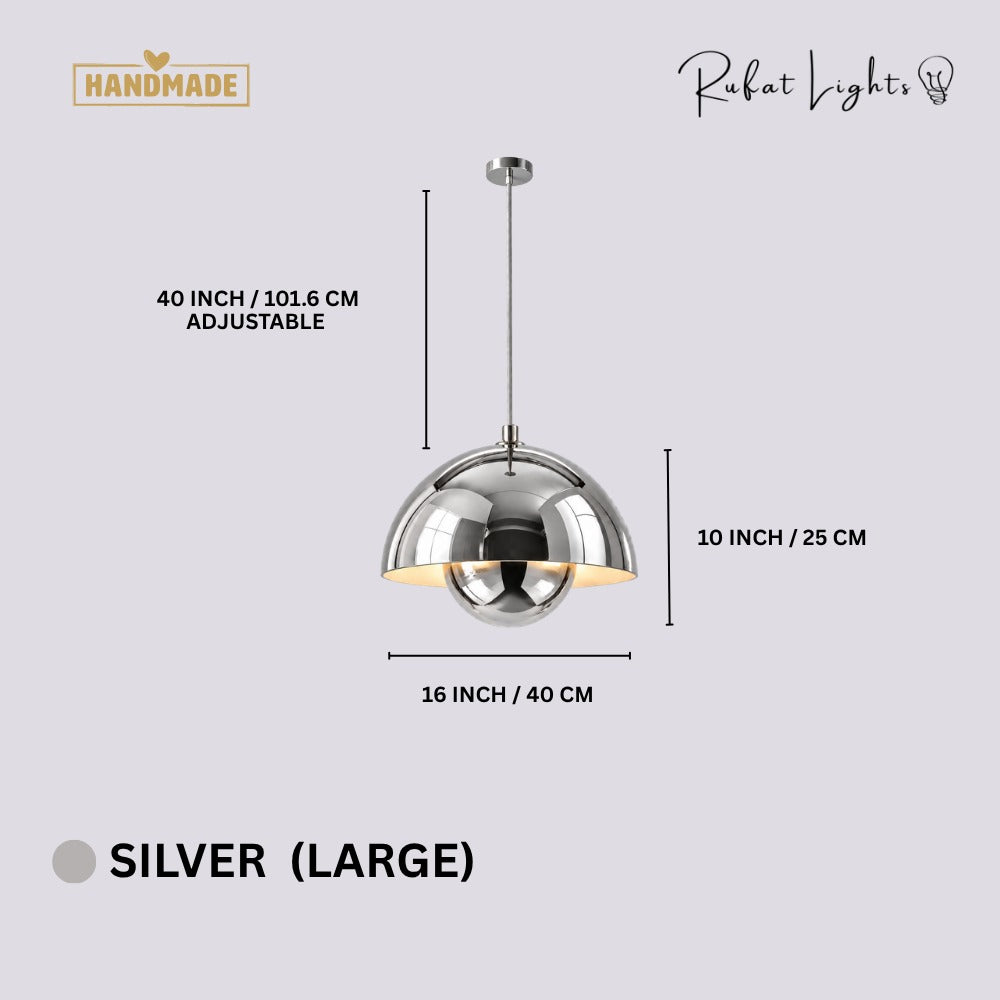 Semicircular Color Metal Pendant Light Silver Large dimensions: 16 in (40 cm) wide, 10 in (25 cm) high, 40 in (101.6 cm) adjustable cord