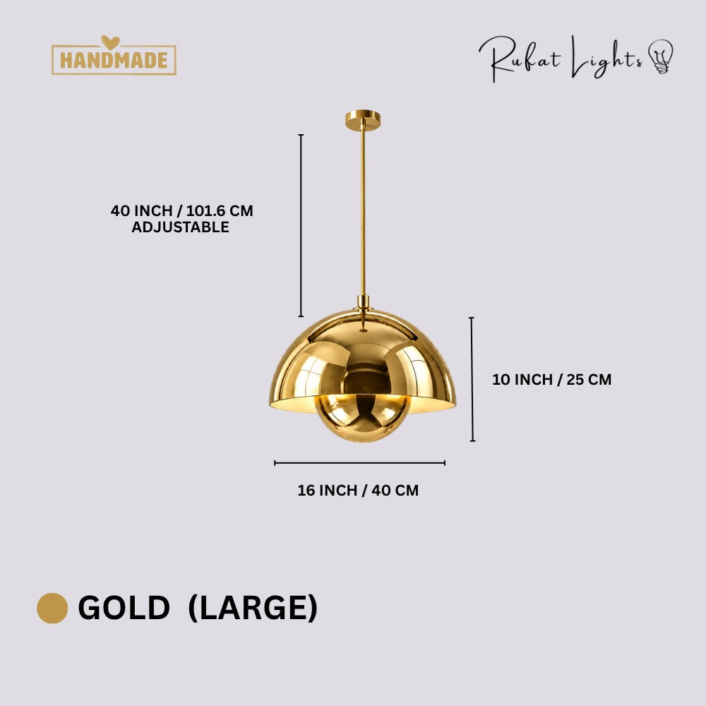 Semicircular Color Metal Pendant Light Gold Large dimensions: 16 in (40 cm) wide, 10 in (25 cm) high, 40 in (101.6 cm) adjustable cord