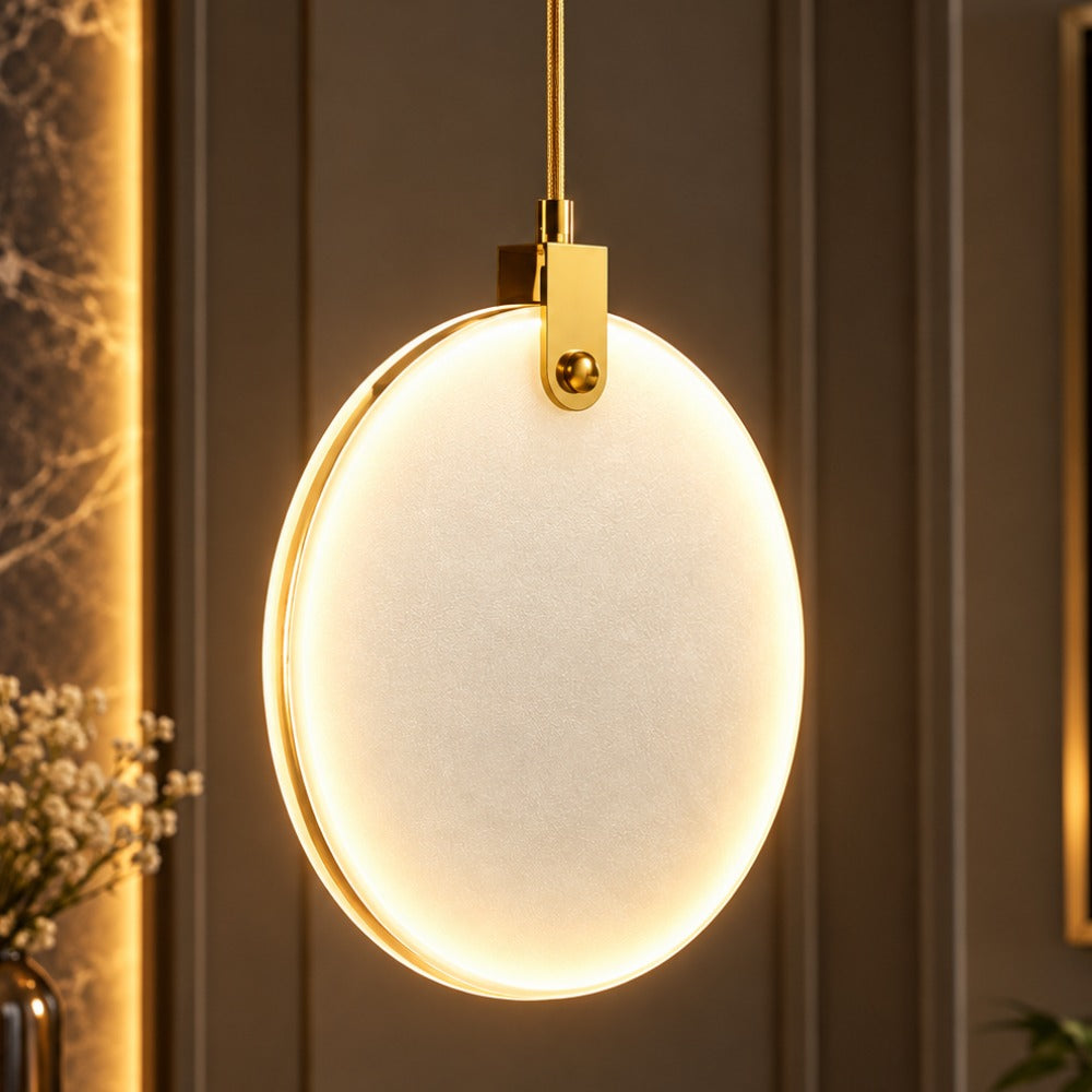 Simple Marble Round Crystal Villa Pendant Lamps glowing marble disc with gold frame