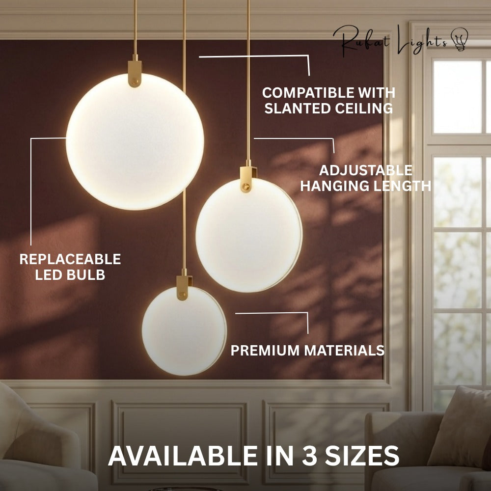 Simple Marble Round Crystal Villa Pendant Lamps features: compatible with slanted ceiling, adjustable hanging length, replaceable LED bulb, premium materials, available in 3 sizes