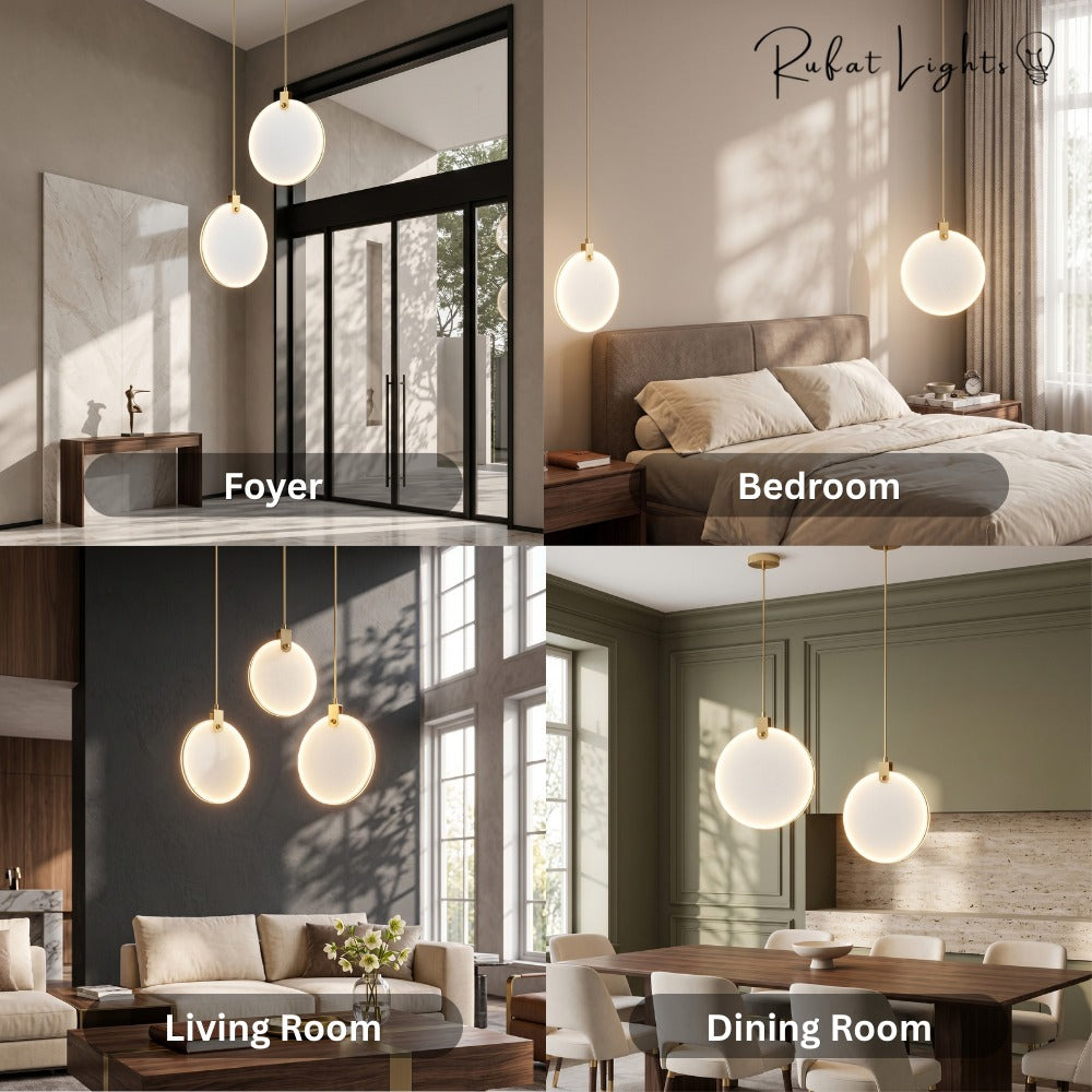 Simple Marble Round Crystal Villa Pendant Lamps shown in a foyer, bedroom, living room and dining room
