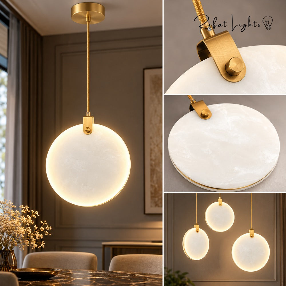 Simple Marble Round Crystal Villa Pendant Lamps details of the marble disc and gold hardware