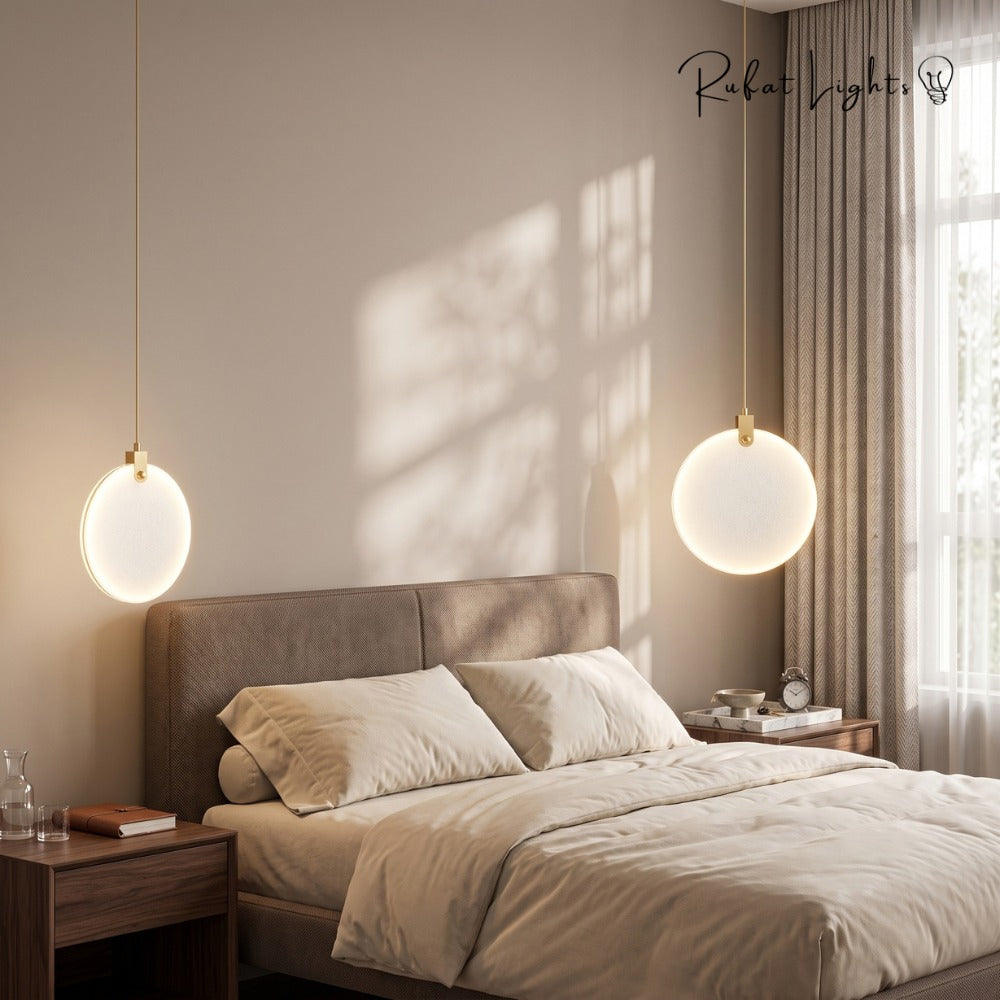 Simple Marble Round Crystal Villa Pendant Lamps pair beside a bed