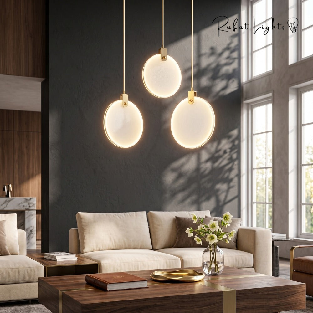 Simple Marble Round Crystal Villa Pendant Lamps trio over a sofa