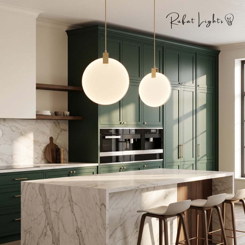 Simple Marble Round Crystal Villa Pendant Lamps pair over a kitchen island