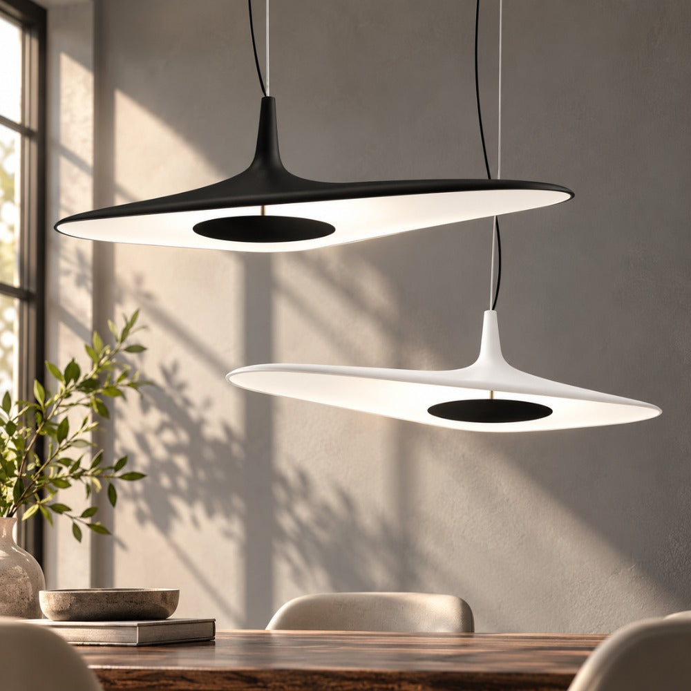 Simple Resin Pendant Light Black and White pair with warm glow