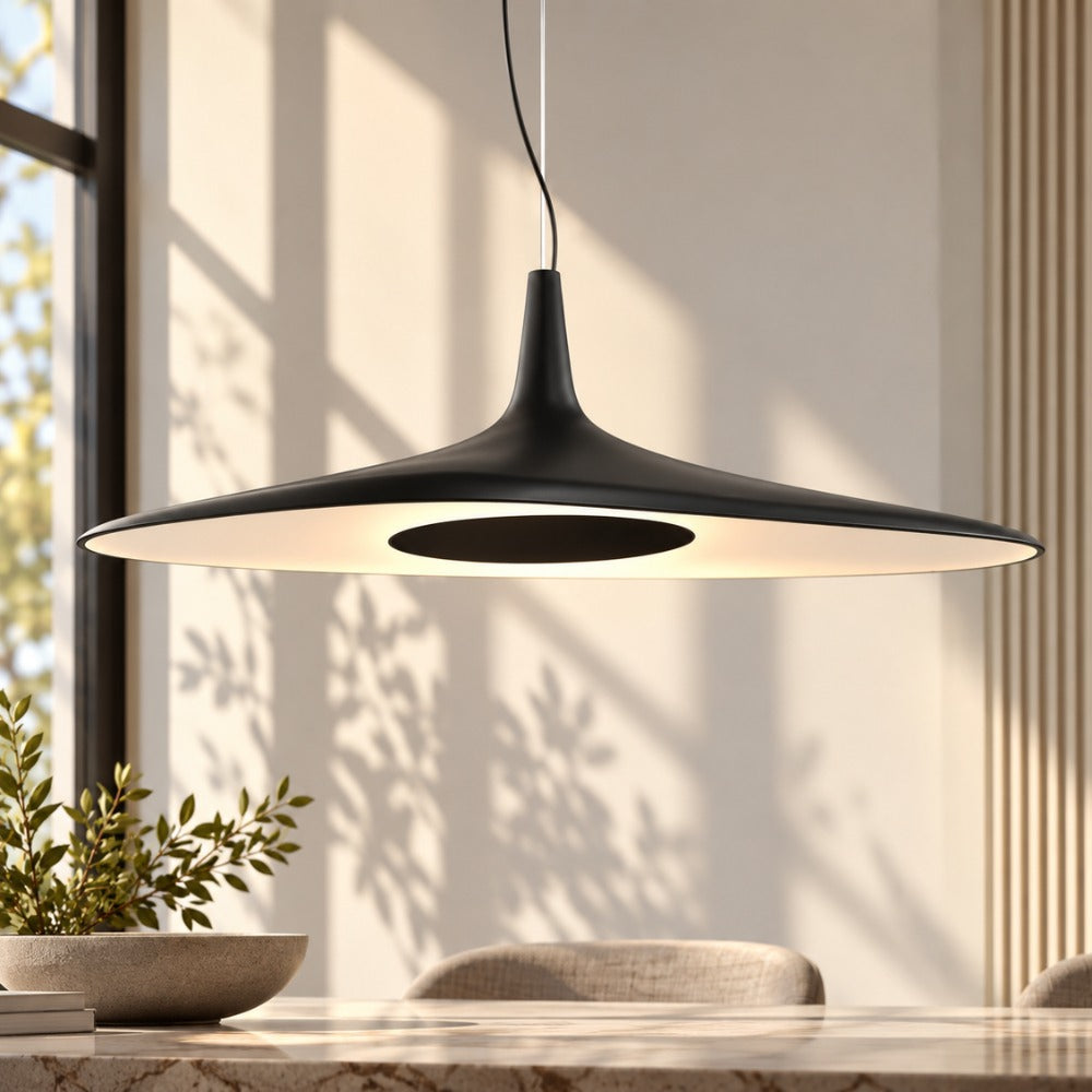 Simple Resin Pendant Light Black shade in a sunlit room