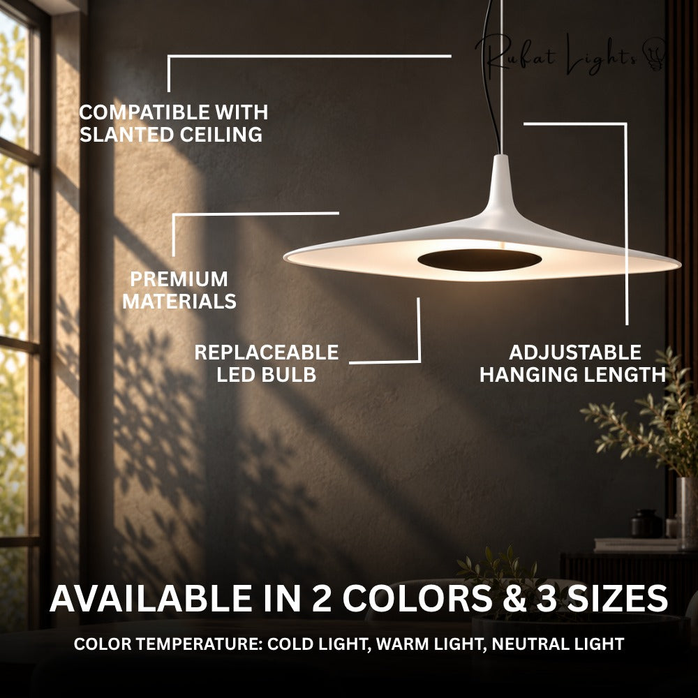 Simple Resin Pendant Light features: compatible with slanted ceiling, premium materials, replaceable LED bulb, adjustable hanging length, available in 2 colors and 3 sizes