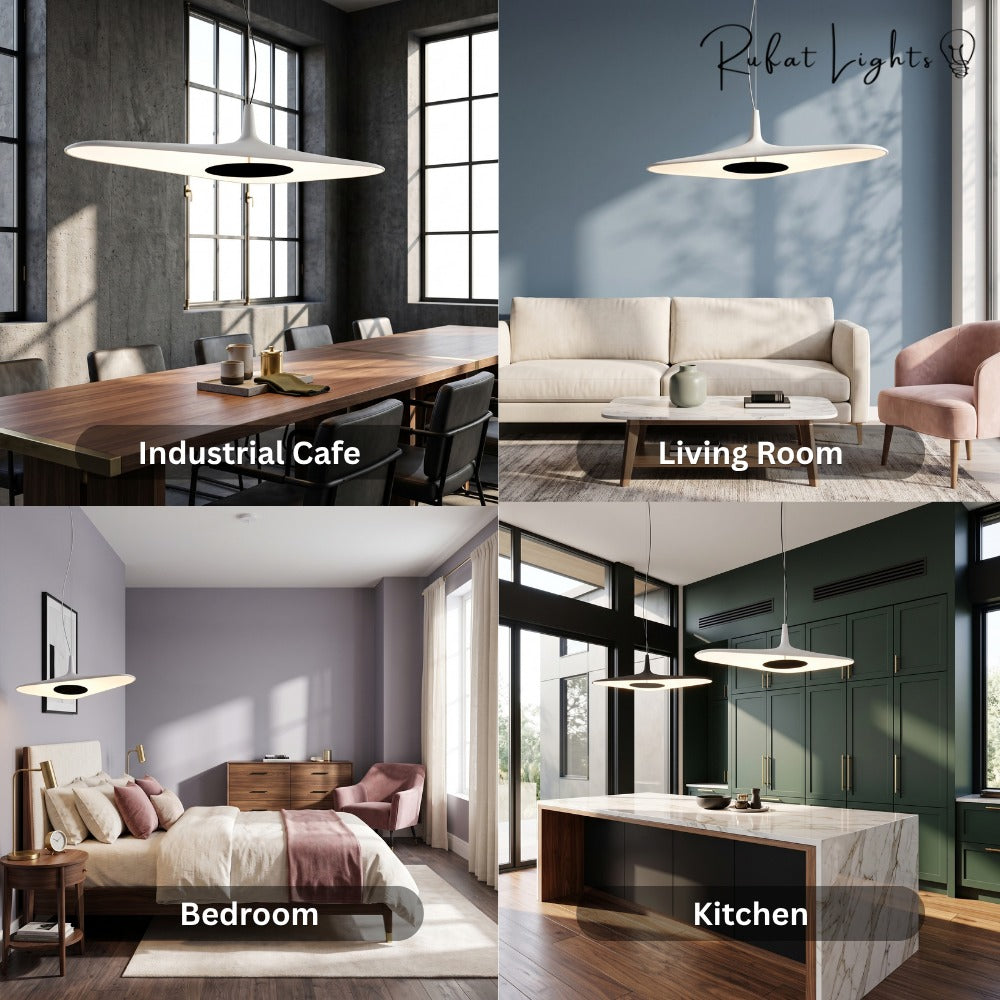 Simple Resin Pendant Light shown in an industrial cafe, living room, bedroom and kitchen