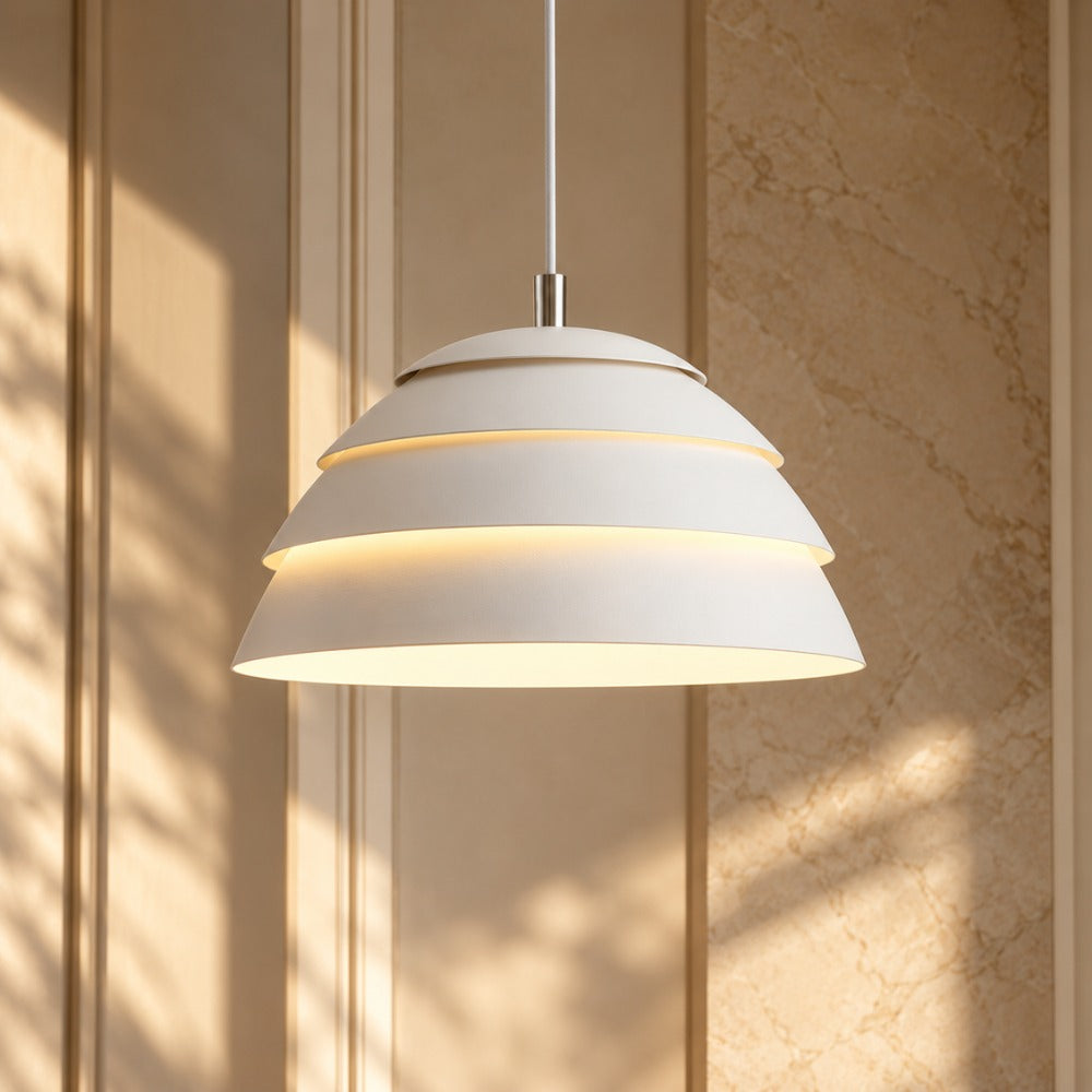 Single Head Iron Lamp Shade Pendant Light white tiered shade against a sunlit wall