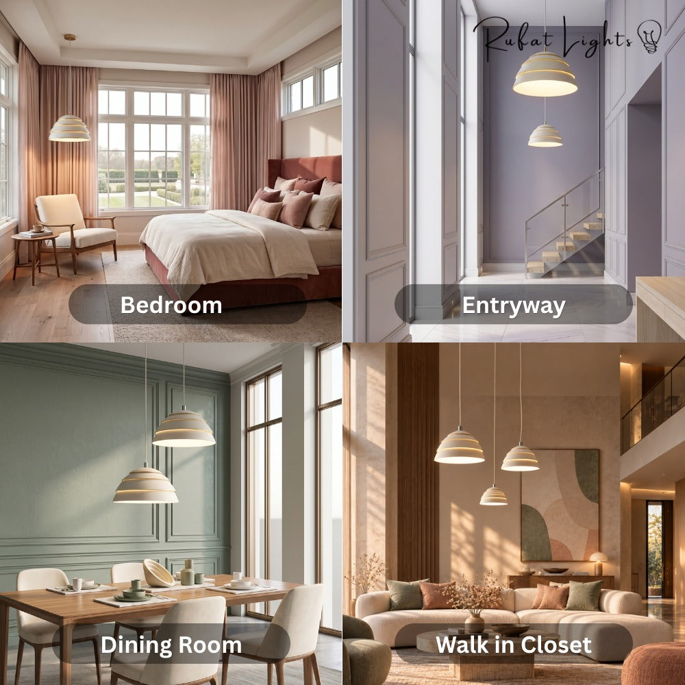 Single Head Iron Lamp Shade Pendant Light shown in a bedroom, entryway, dining room and walk-in closet