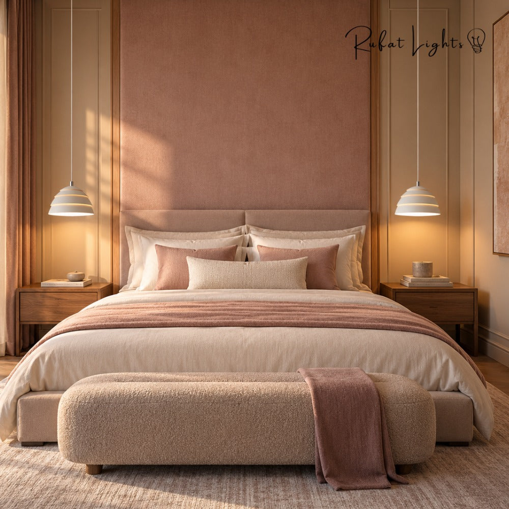 Single Head Iron Lamp Shade Pendant Light pair beside a bed