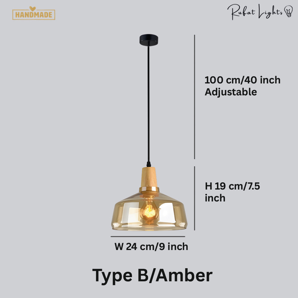 Antique Glass Coated Wood Pendant Lights Amber / Type B dimensions: Type B: W 24 x H 19 cm (9 x 7.5 in), 100 cm adjustable cord