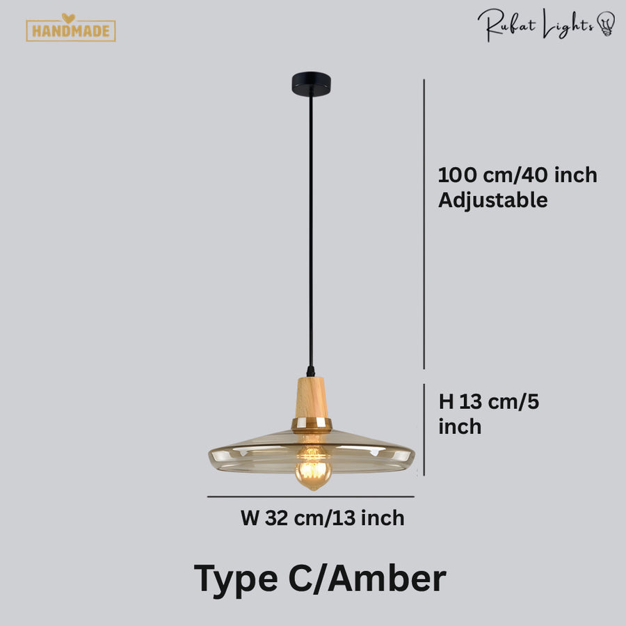 Antique Glass Coated Wood Pendant Lights Amber / Type C dimensions: Type C: W 32 x H 13 cm (13 x 5 in), 100 cm adjustable cord