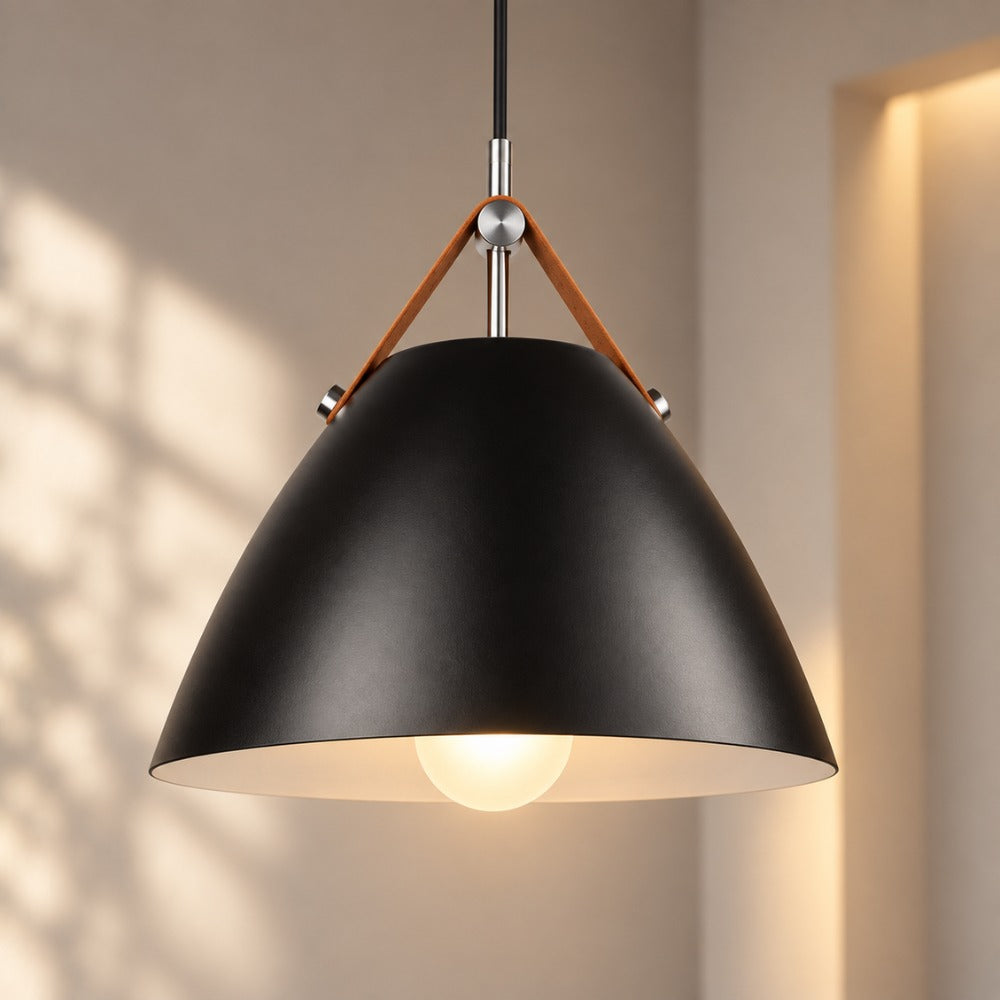 Strapped Charm Cone Pendant Light black shade close-up
