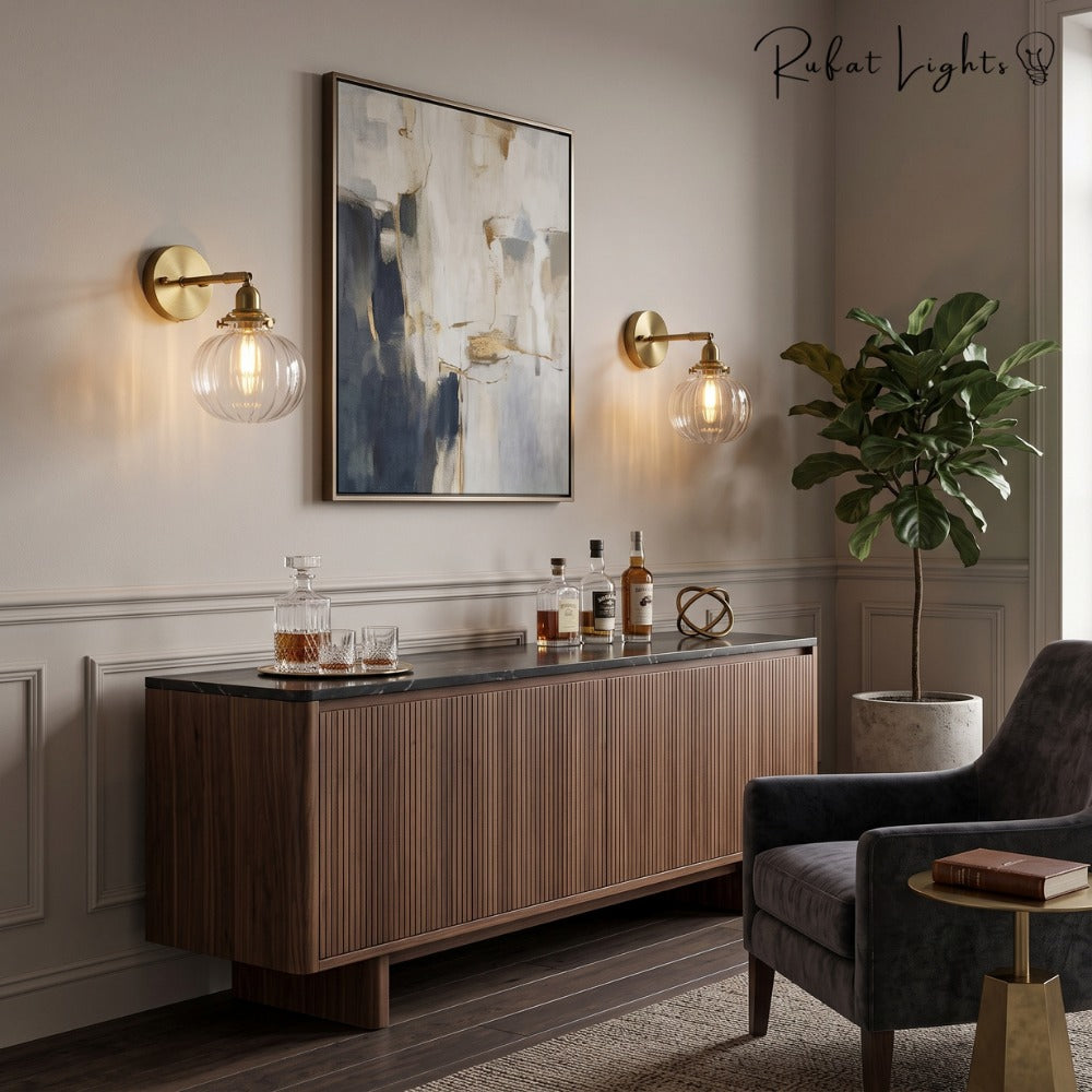Textured Glass Globe Wall Lamp pair above a walnut sideboard in a lounge